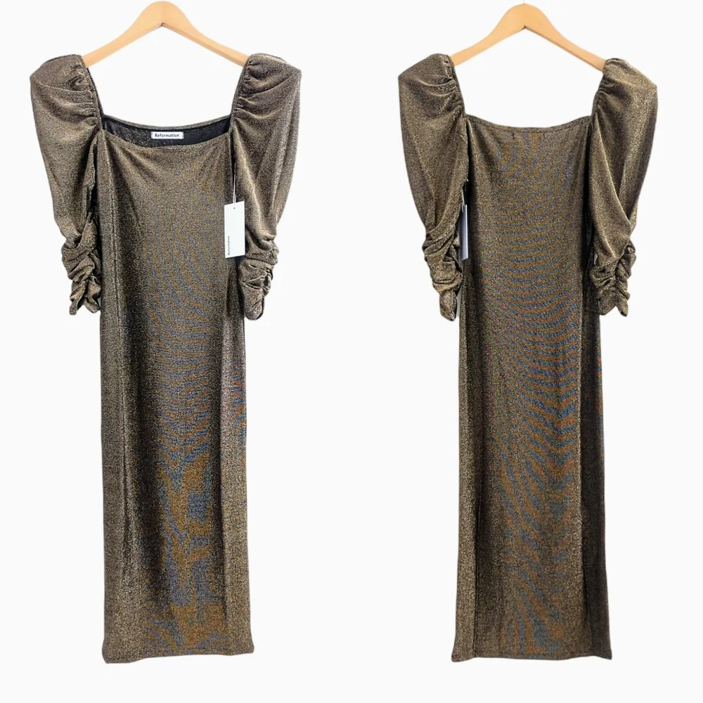 Reformation 'Rahm' Ruched Puff Sleeve Dress in Bronze Sparkle Size XS - Picture 6 of 13